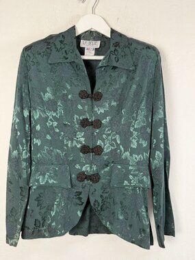 La Belle Womens Green Floral Jacquard Blazer Frog Closure Vintage Made USA Sz 11
